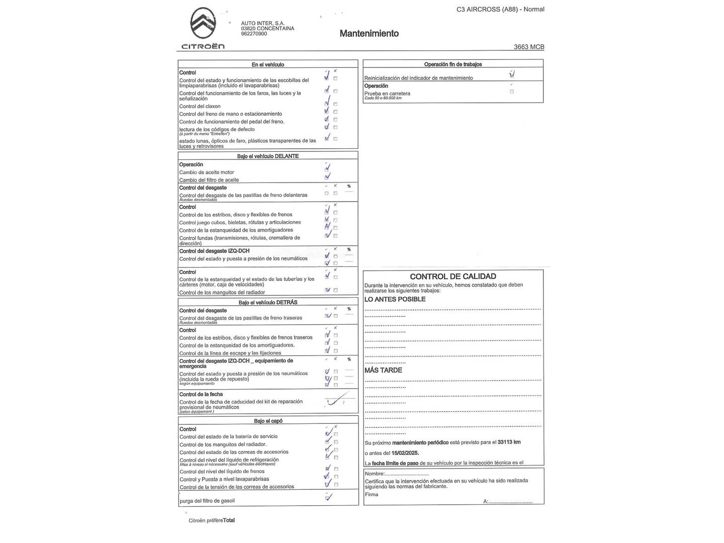 Foto del mantenimiento del Citroën C3 Aircross Citroën C3 Aircross BlueHDi 120 Shine Pack EAT6 (120 CV)