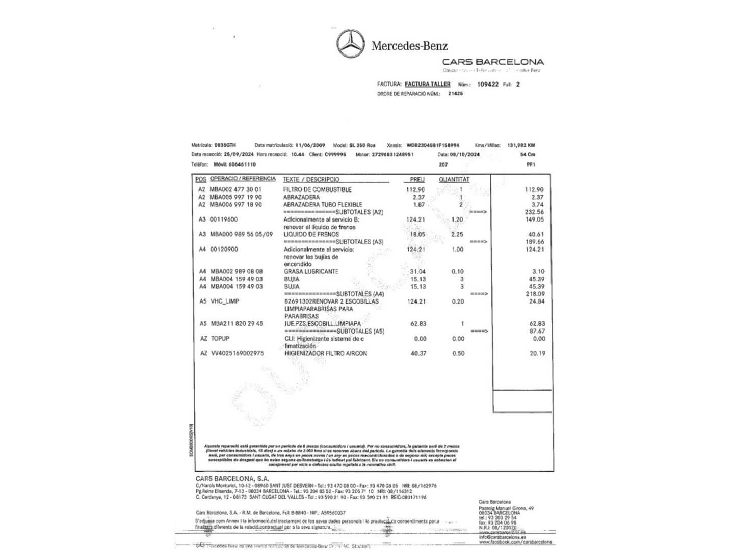 Foto del mantenimiento del Mercedes Clase SL Mercedes Clase SL SL 350 (315 CV)