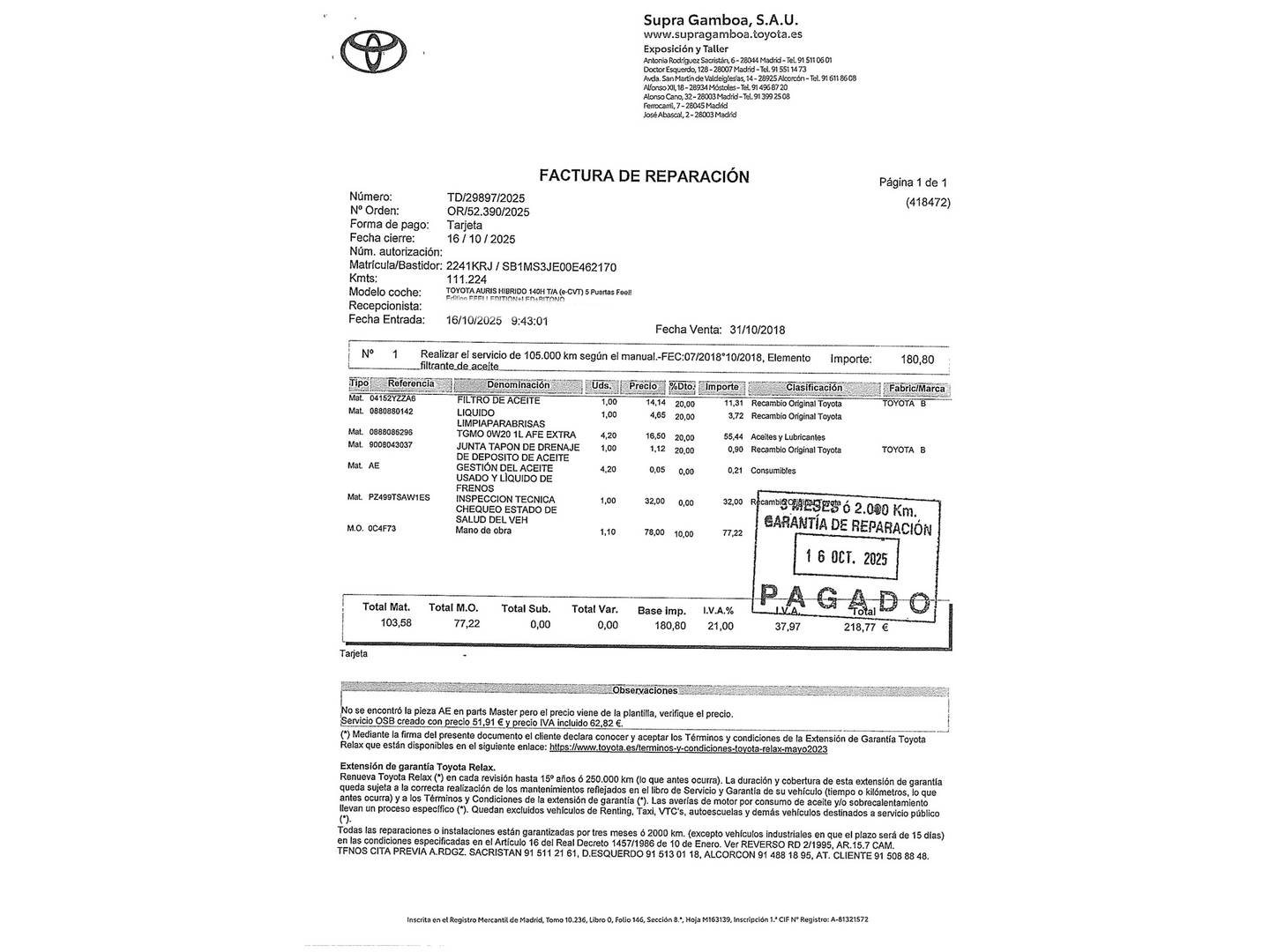 Foto del mantenimiento del Toyota Auris Toyota Auris 140H Hybrid Feel! (136 CV)