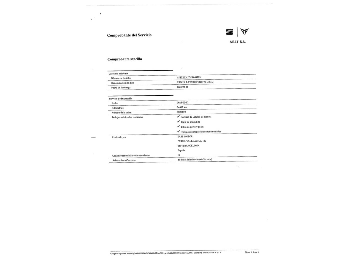 Foto del mantenimiento del Seat Arona Seat Arona 1.0 TSI Reference  (95 CV)