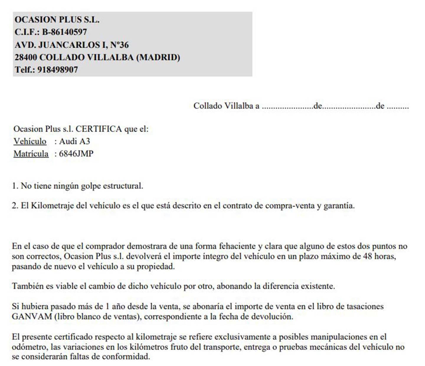 Foto del certificado del Audi A3 Audi A3 Sportback Advanced 1.2 TFSI (110 CV)