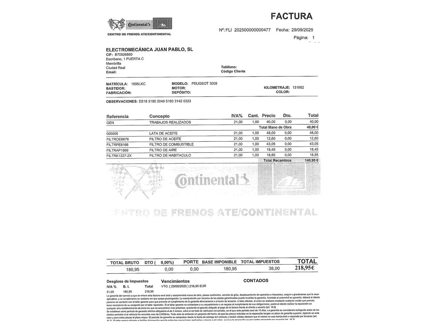 Foto del mantenimiento del Peugeot 3008 Peugeot 3008 BlueHDI 130 S&S Allure EAT8 (130 CV)