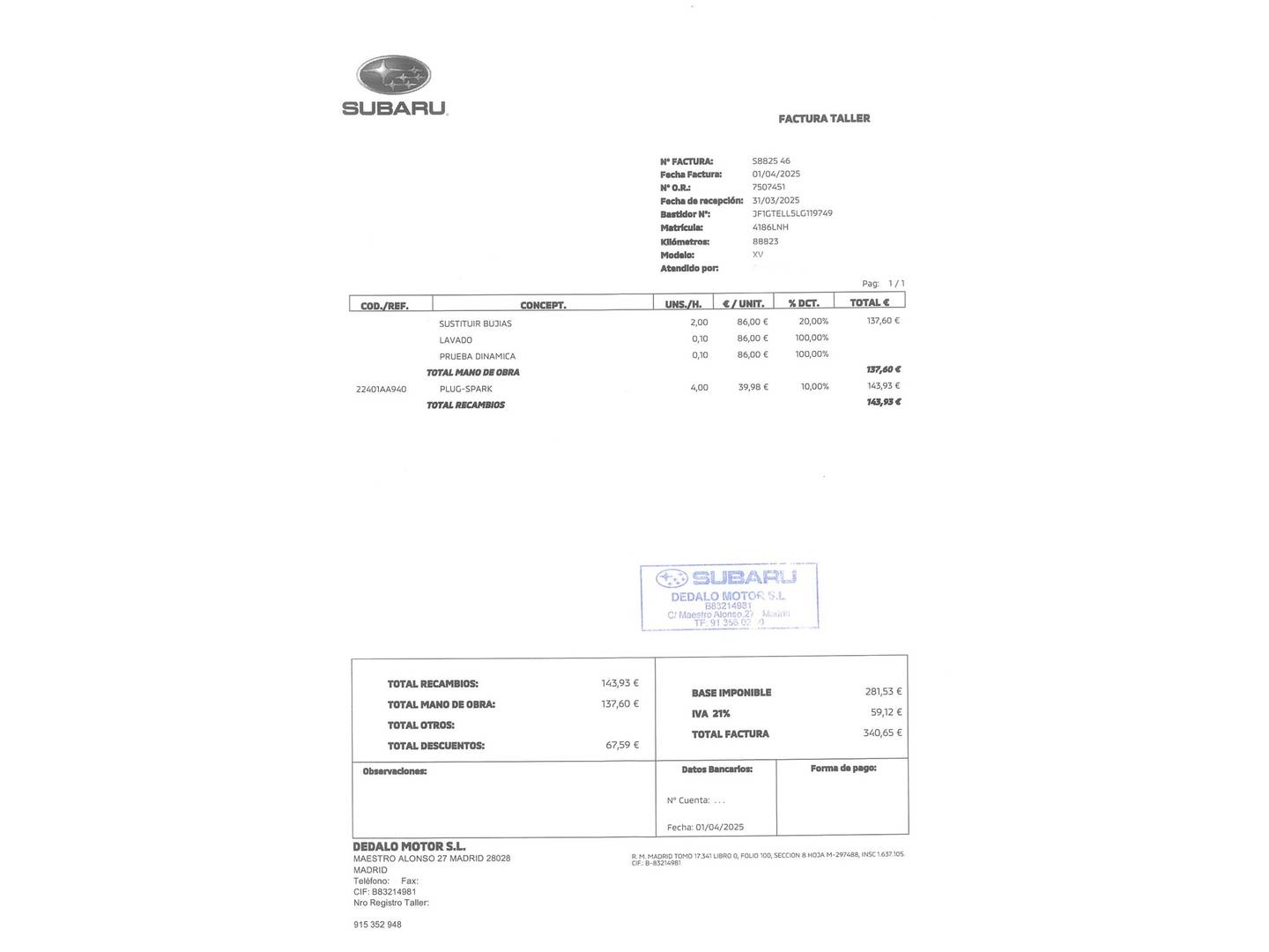 Foto del mantenimiento del Subaru XV Subaru XV 2.0i Hybrid Executive Plus CVT  (150 CV)
