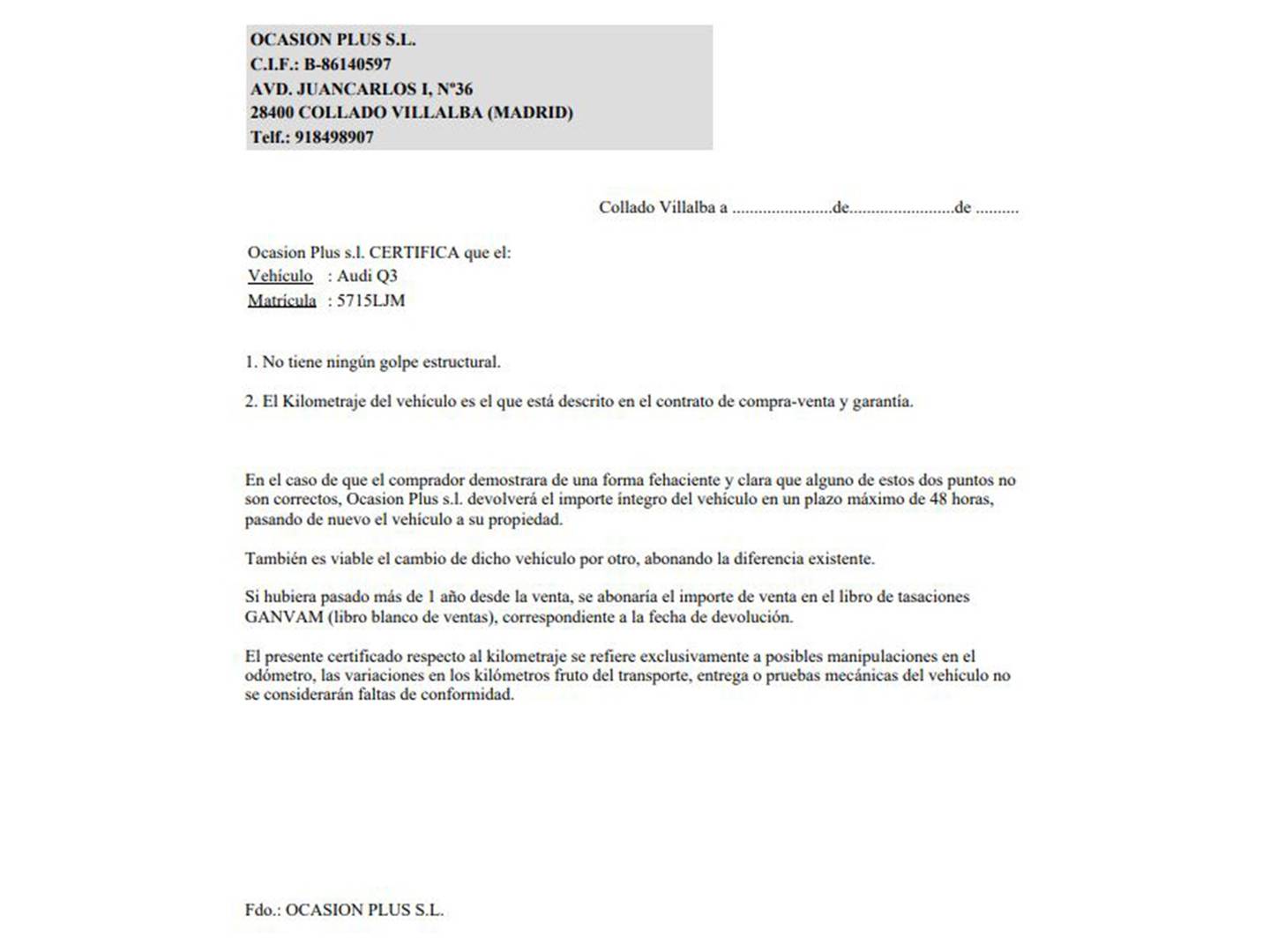 Foto del certificado del Audi Q3 Audi Q3 S line 35 TDI (150 CV) S tronic