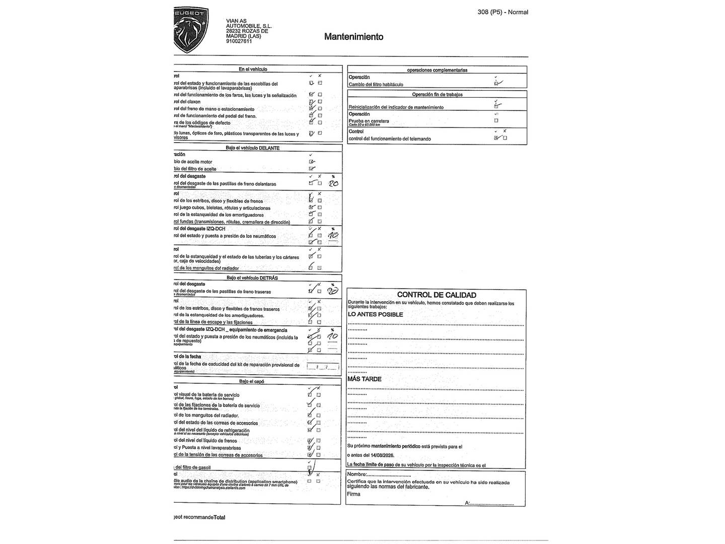 Foto del mantenimiento del Peugeot 308 Peugeot 308 Active Pack BlueHDi S&S EAT8 (130 CV)