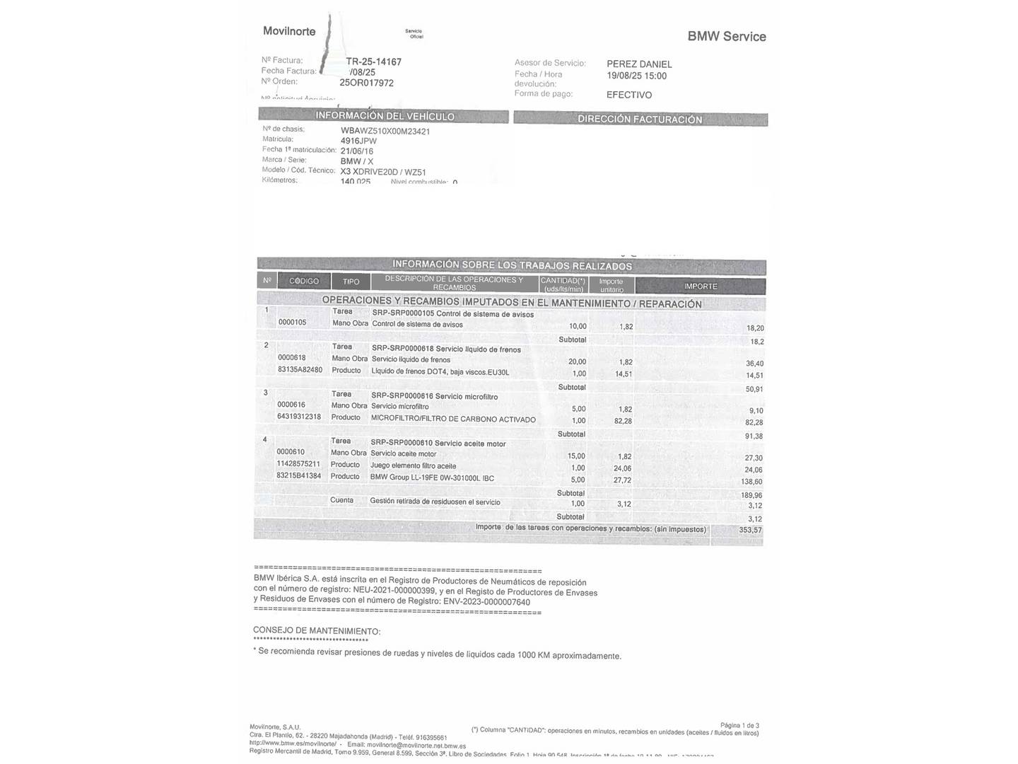 Foto del mantenimiento del BMW X3 BMW X3 xDrive20d (190 CV)