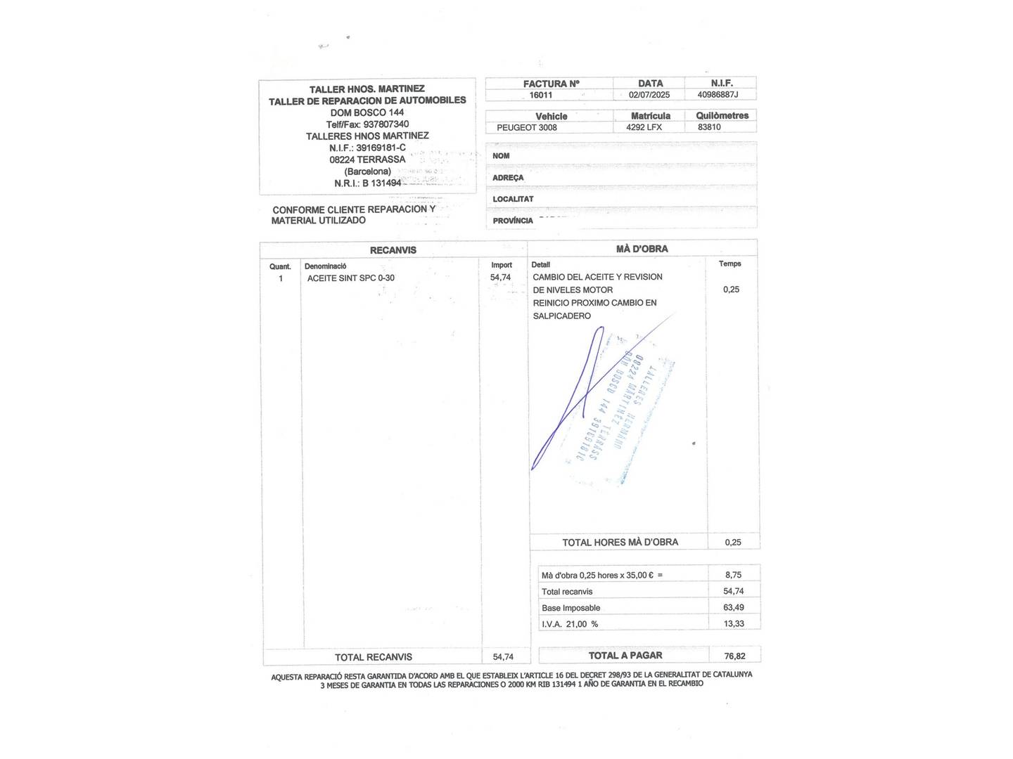 Foto del mantenimiento del Peugeot 3008 Peugeot 3008 PureTech 130 S&S GT Line EAT8 (130 CV)