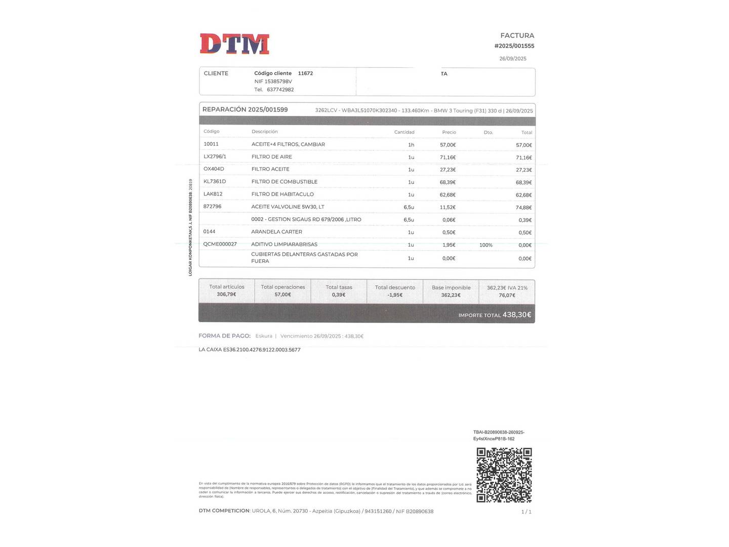 Foto del mantenimiento del BMW Serie 3 BMW Serie 3 330d Touring (258 CV) Pack M