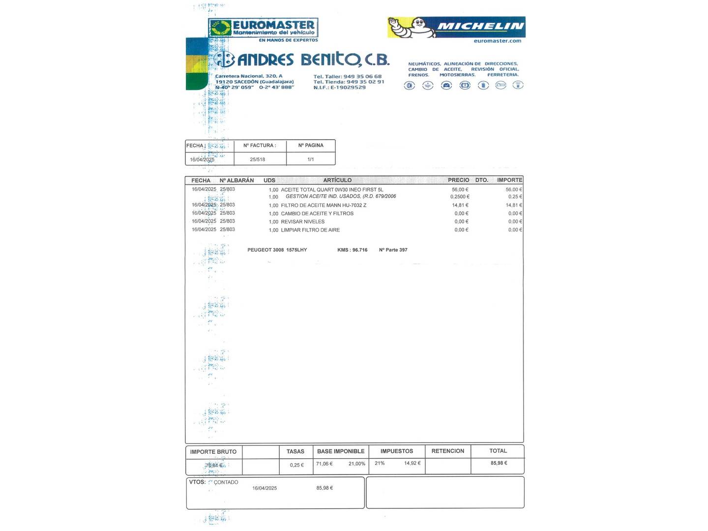 Foto del mantenimiento del Peugeot 3008 Peugeot 3008 BlueHDI 130 S&S Active (130 CV)