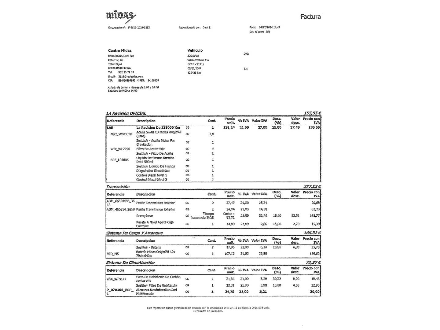 Foto del mantenimiento del Volkswagen Golf Volkswagen Golf Highline 2.0 TDI (140 CV) DSG
