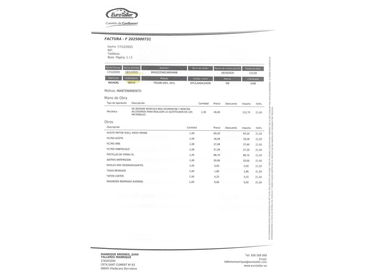 Foto del mantenimiento del Volkswagen Tiguan Volkswagen Tiguan Advance 1.5 TSI (150 CV) DSG Paquete R-Line