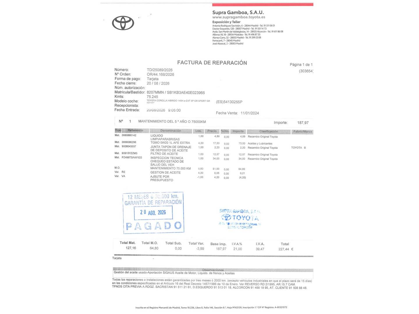 Foto del mantenimiento del Toyota Corolla Toyota Corolla 140H GR-Sport (140 CV)