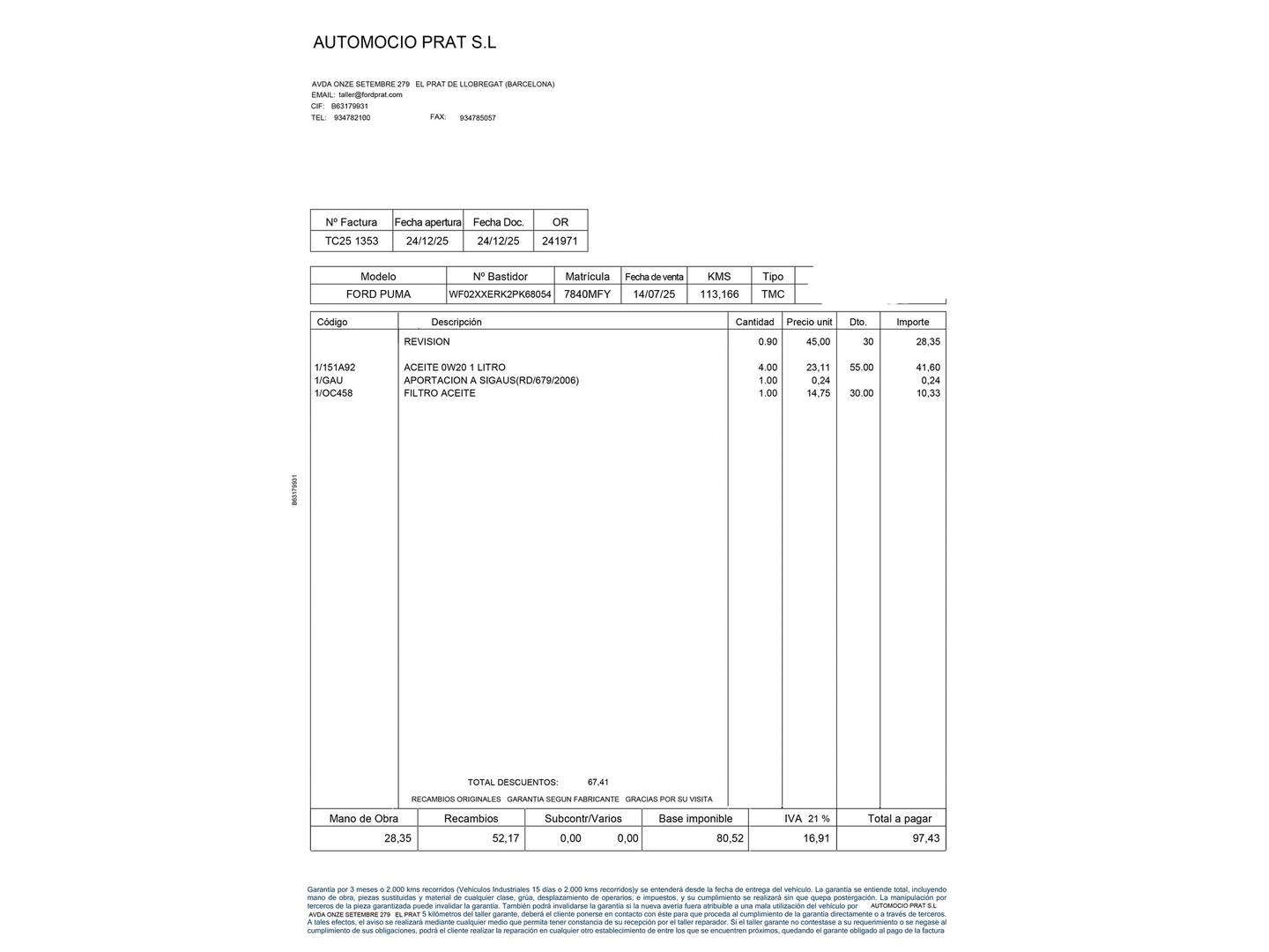 Foto del mantenimiento del Ford Puma Ford Puma 1.0 EcoBoost MHEV ST-Line X (125 CV)