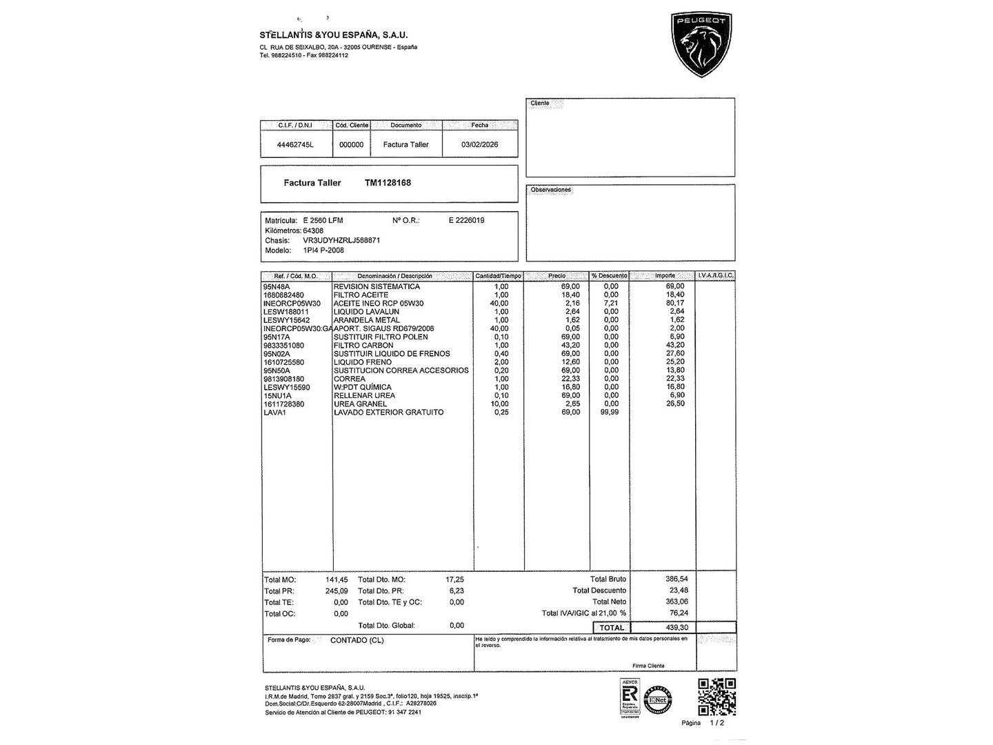 Foto del mantenimiento del Peugeot 2008 Peugeot 2008 BlueHDi 130 S&S GT Line EAT8 (130 CV)