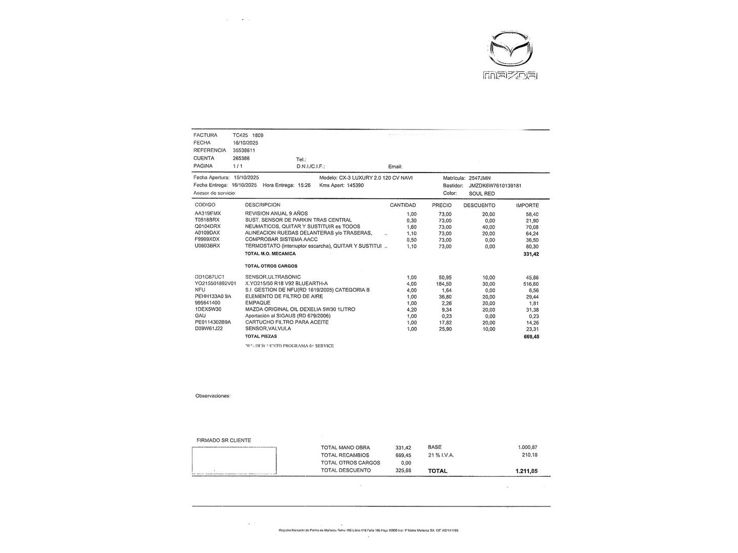 Foto del mantenimiento del Mazda CX-3 Mazda CX-3 2.0 SKYACTIV GE Luxury 2WD (120 CV)