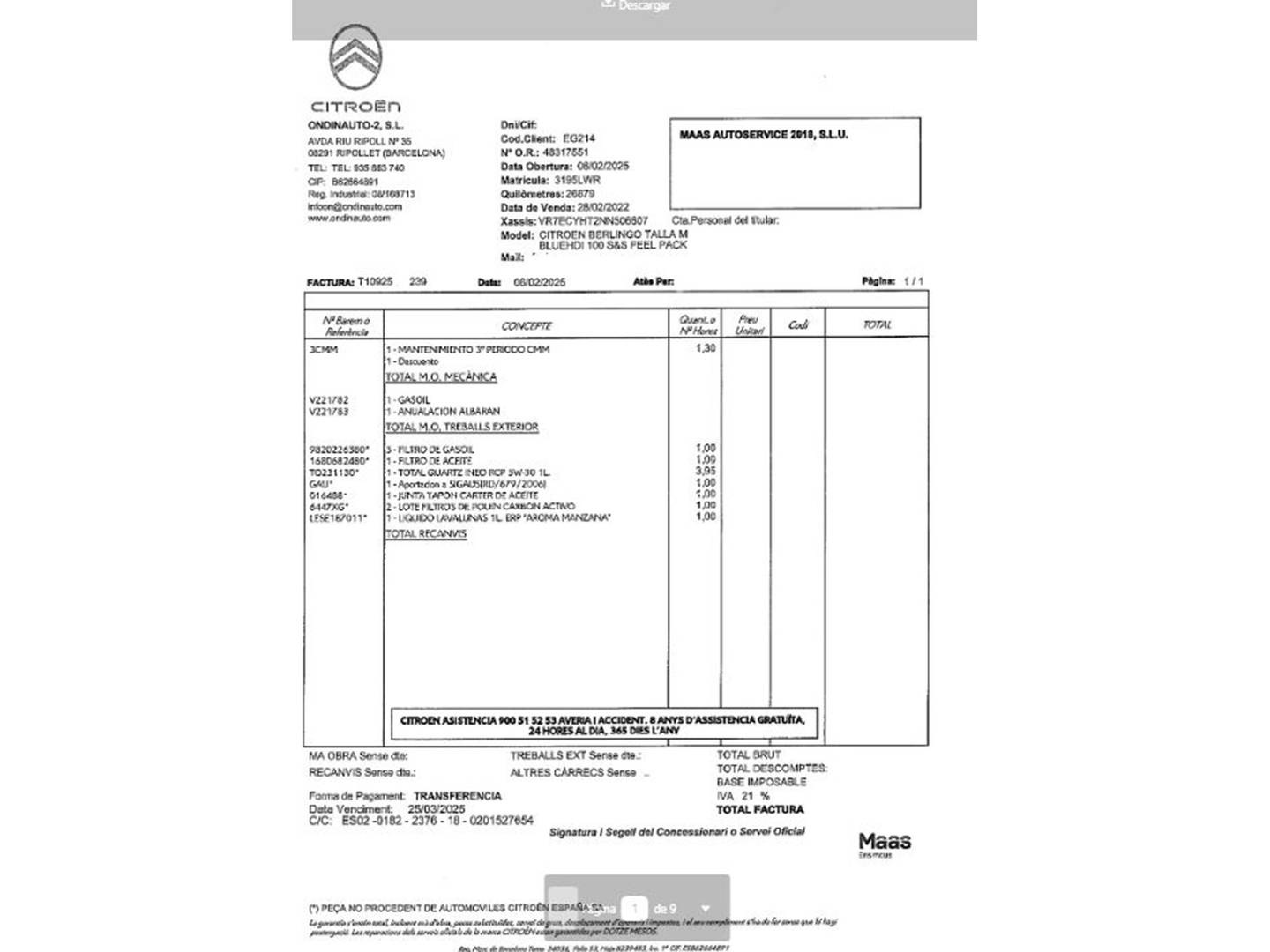Foto del mantenimiento del Citroën Berlingo Citroën Berlingo Combi BlueHDi 100 S&S Talla M Feel Pack (102 CV)
