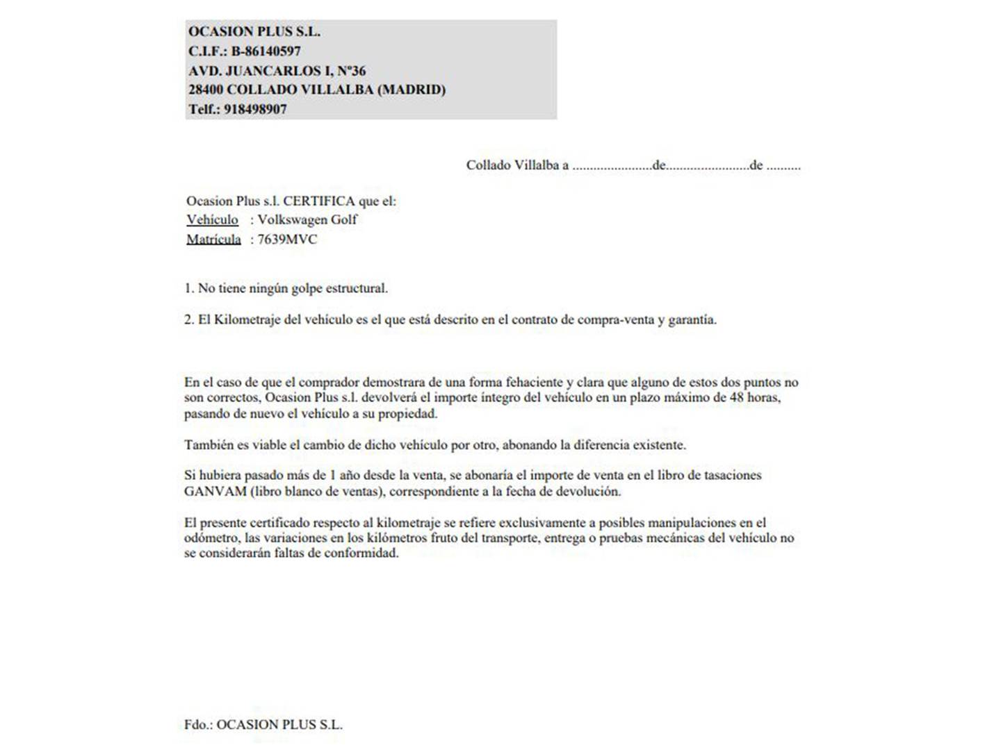 Foto del certificado del Volkswagen Golf Volkswagen Golf Sport 1.4 TSI (160 CV) DSG