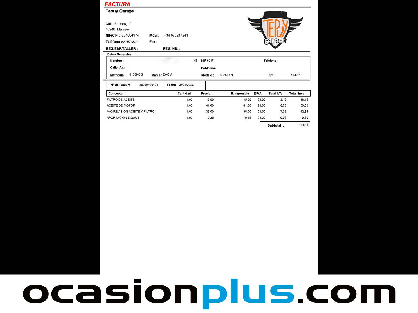 Foto del mantenimiento del Dacia Duster Dacia Duster Journey TCE 48v 4X2 (130 CV)