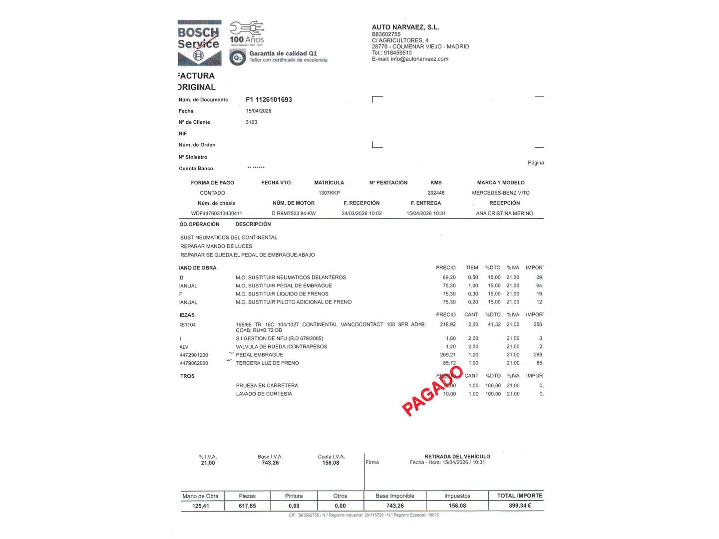 Foto del mantenimiento del Mercedes Vito Mercedes Vito 111 CDI Larga  (114 CV)