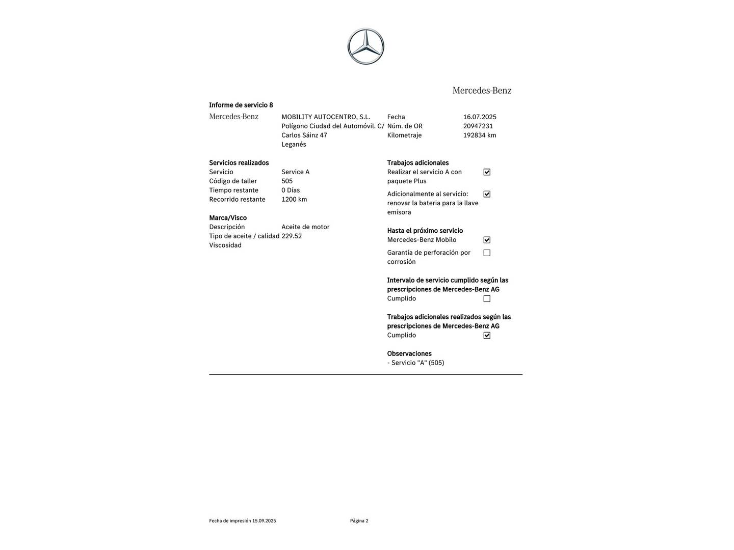 Foto del mantenimiento del Mercedes Clase A Mercedes Clase A 200 d (136 CV)