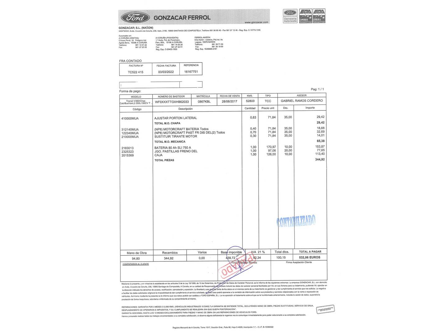 Foto del mantenimiento del Ford Transit Ford Transit Furgon 350 L3H2 Trend Delantera (130 CV)