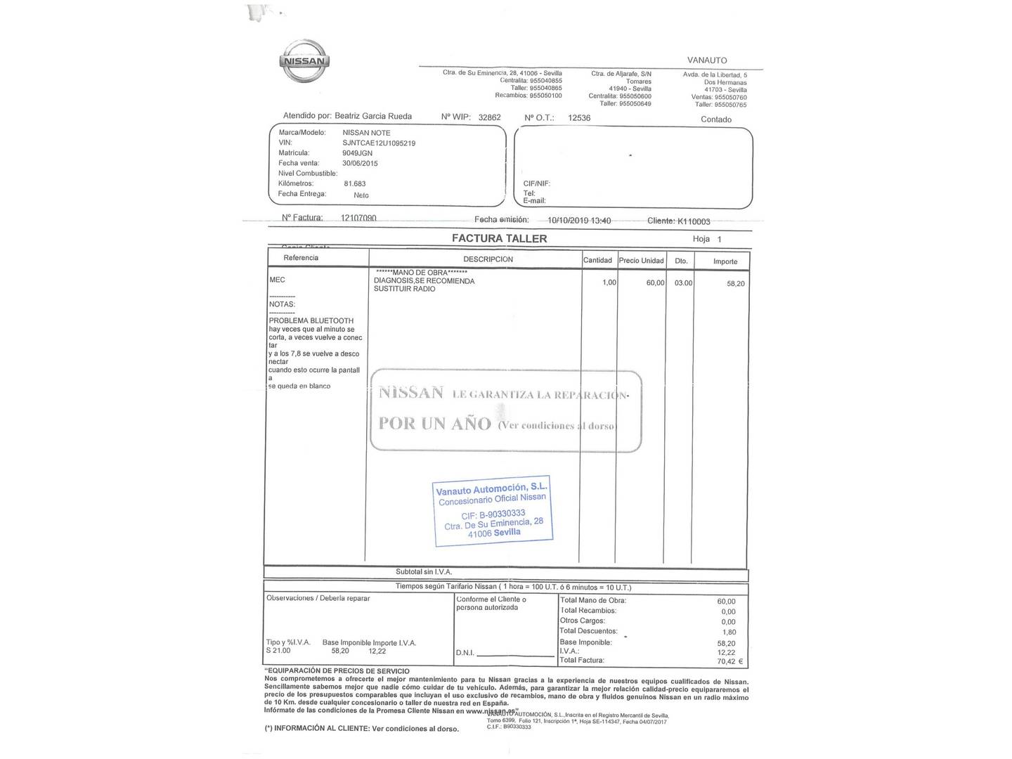 Foto del mantenimiento del Nissan NOTE Nissan Note 1.5 dCi Naru Edition (90 CV)