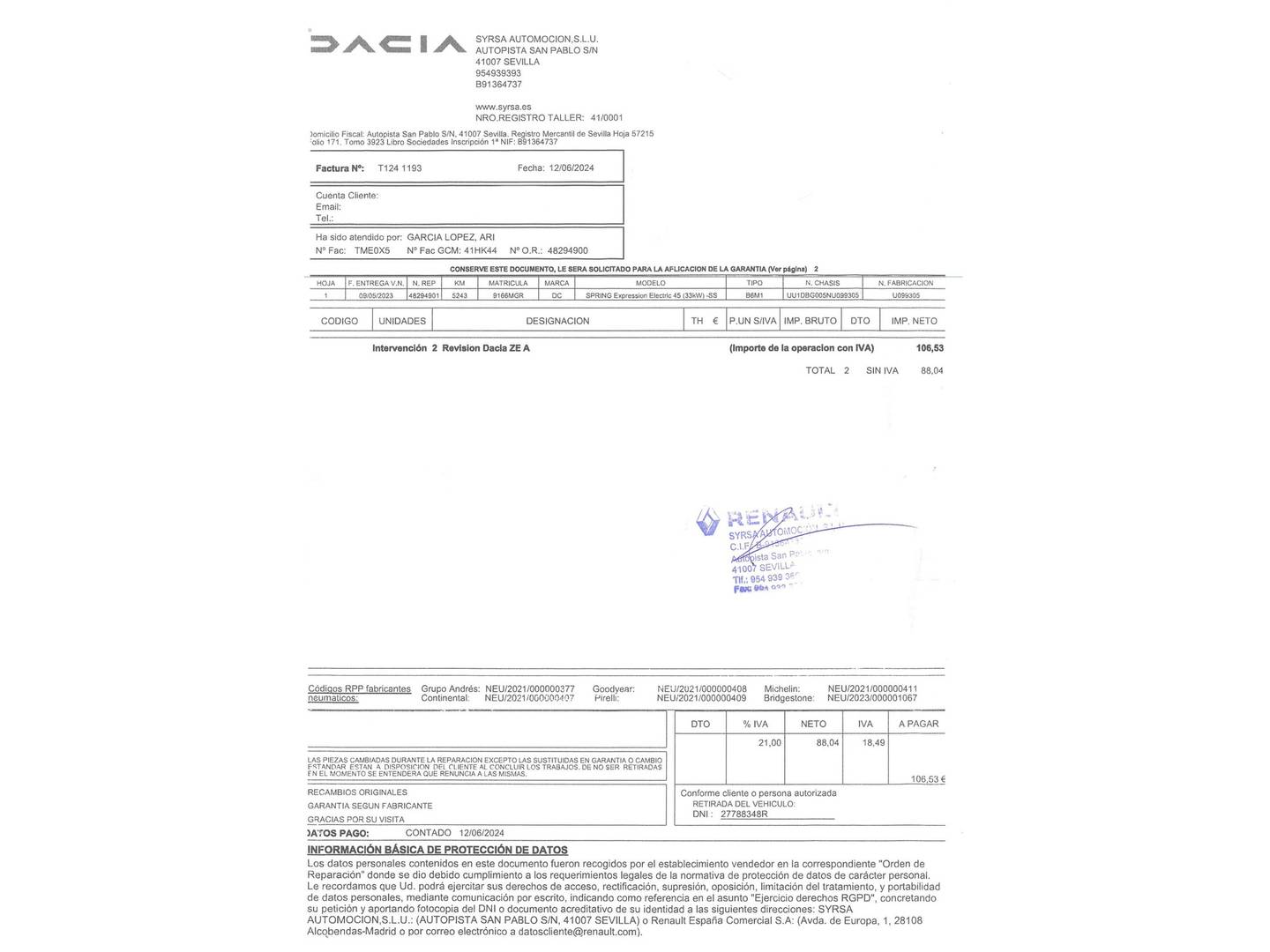 Foto del mantenimiento del Dacia Spring Dacia Spring Expression Electric (45 CV)