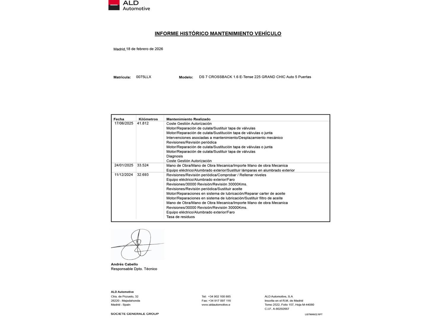 Foto del mantenimiento del DS DS 7 Crossback E-Tense DS DS7 Crossback E-Tense 225 Grand Chic Auto (225 CV)