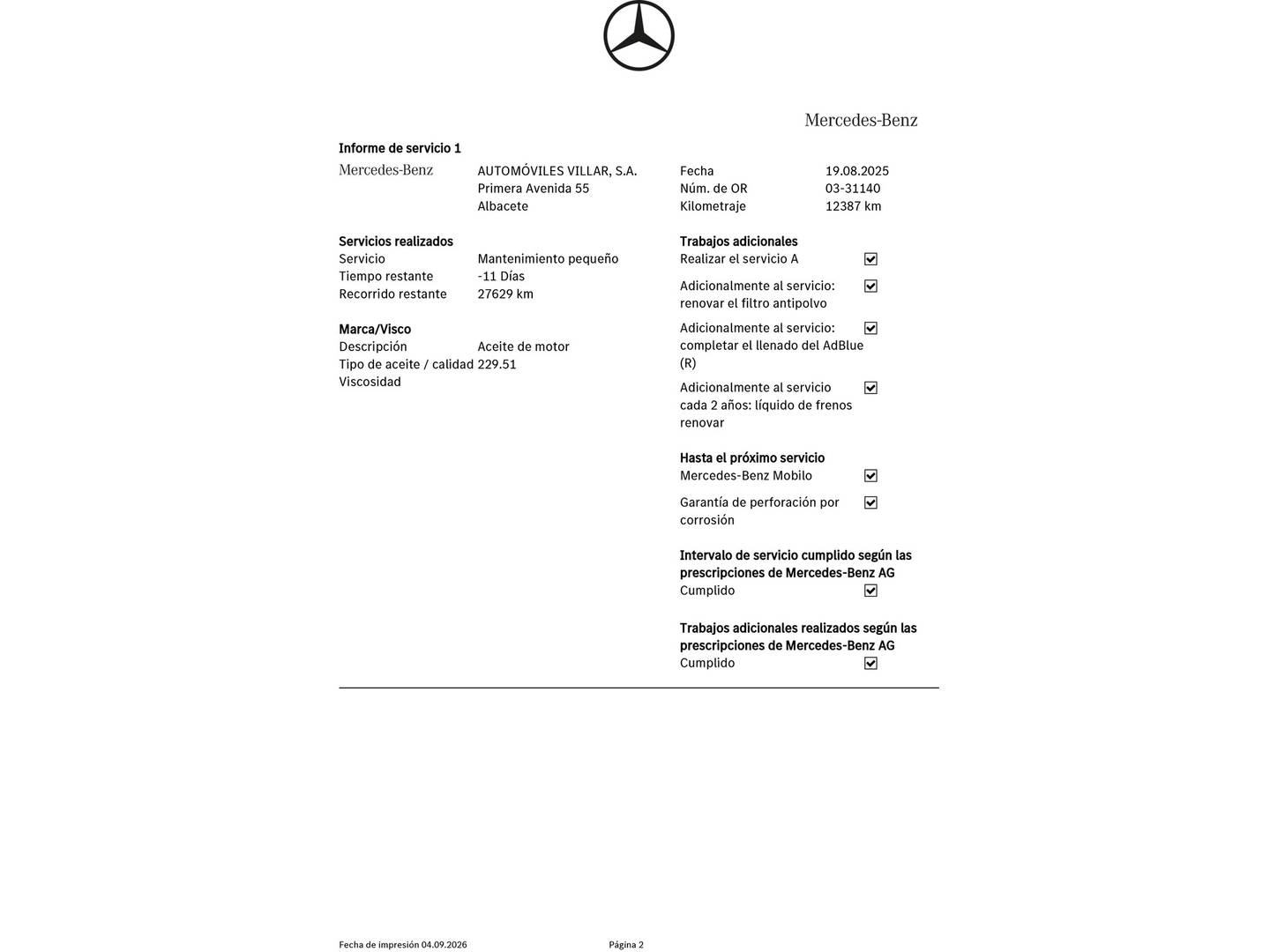 Foto del mantenimiento del Mercedes Clase V Mercedes Clase V 300 d Marco Polo Horizon Largo 4matic (239 CV)