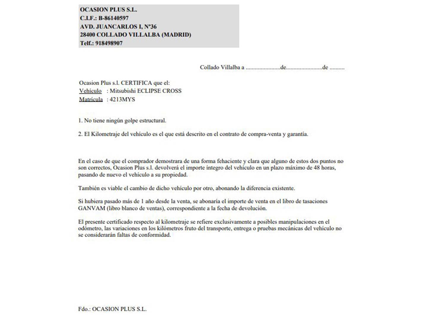 Foto del certificado del Mitsubishi Eclipse Cross Mitsubishi Eclipse Cross 2.4 PHEV Kaiteki 4WD Auto (188 CV)