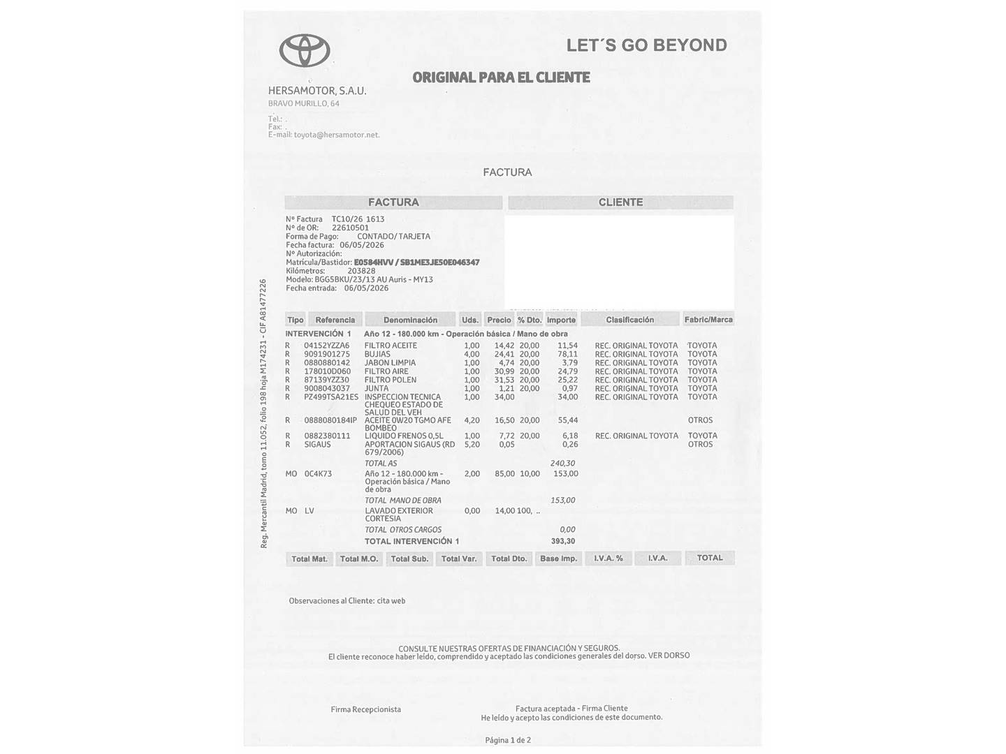 Foto del mantenimiento del Toyota Auris Toyota Auris 130 Active MultiDrive (132 CV)