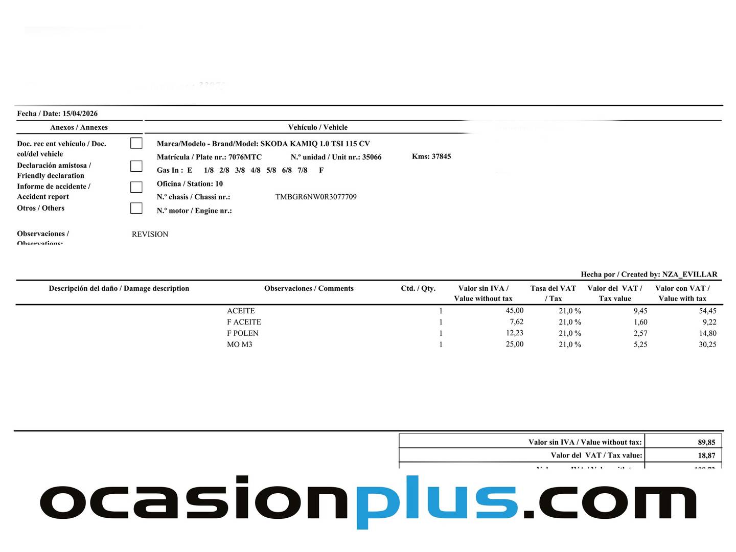 Foto del mantenimiento del Skoda Kamiq Skoda Kamiq 1.0 TSI Design DSG (115 CV)