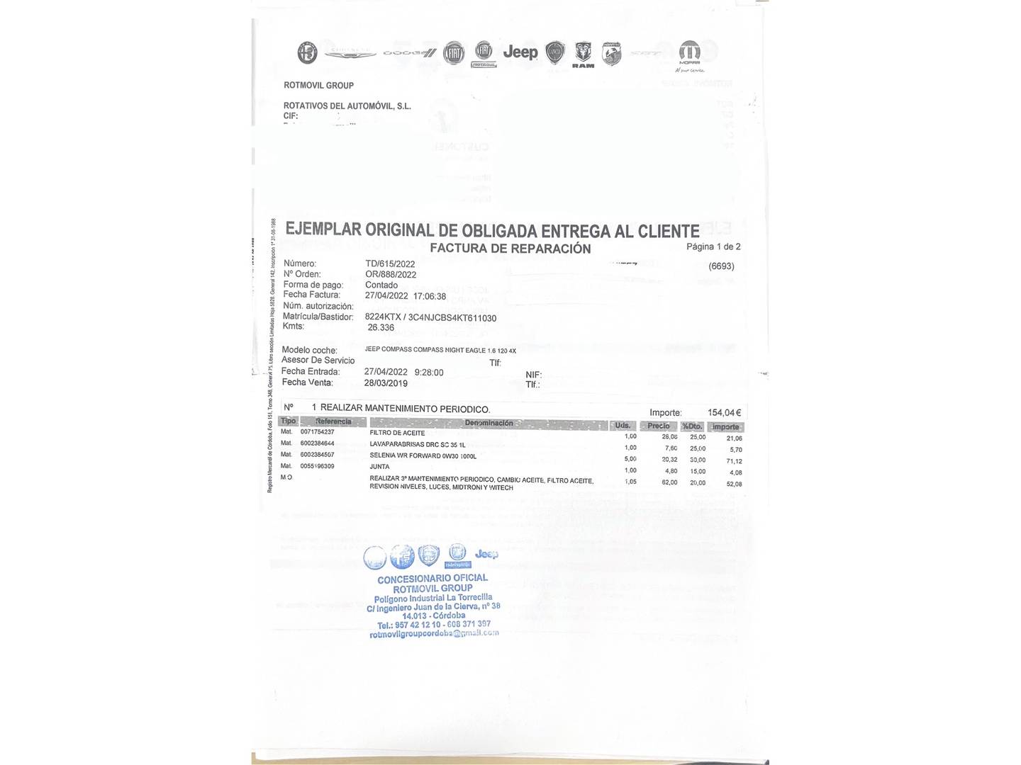 Foto del mantenimiento del Jeep Compass Jeep Compass 1.6 Multijet Night Eagle 4x2 (120 CV)