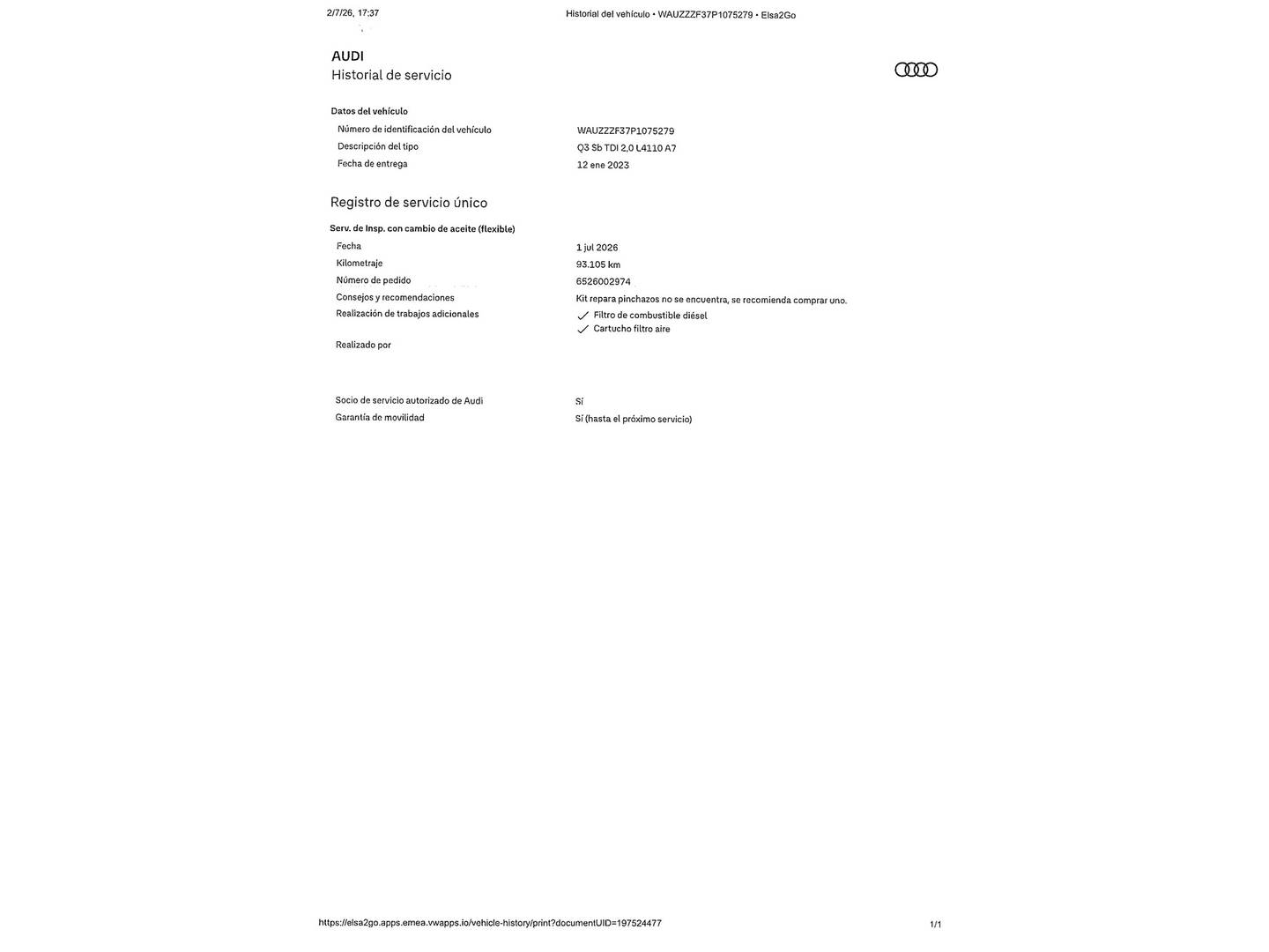 Foto del mantenimiento del Audi Q3 Sportback Audi Q3 Sportback S line 35 TDI (150 CV) S tronic