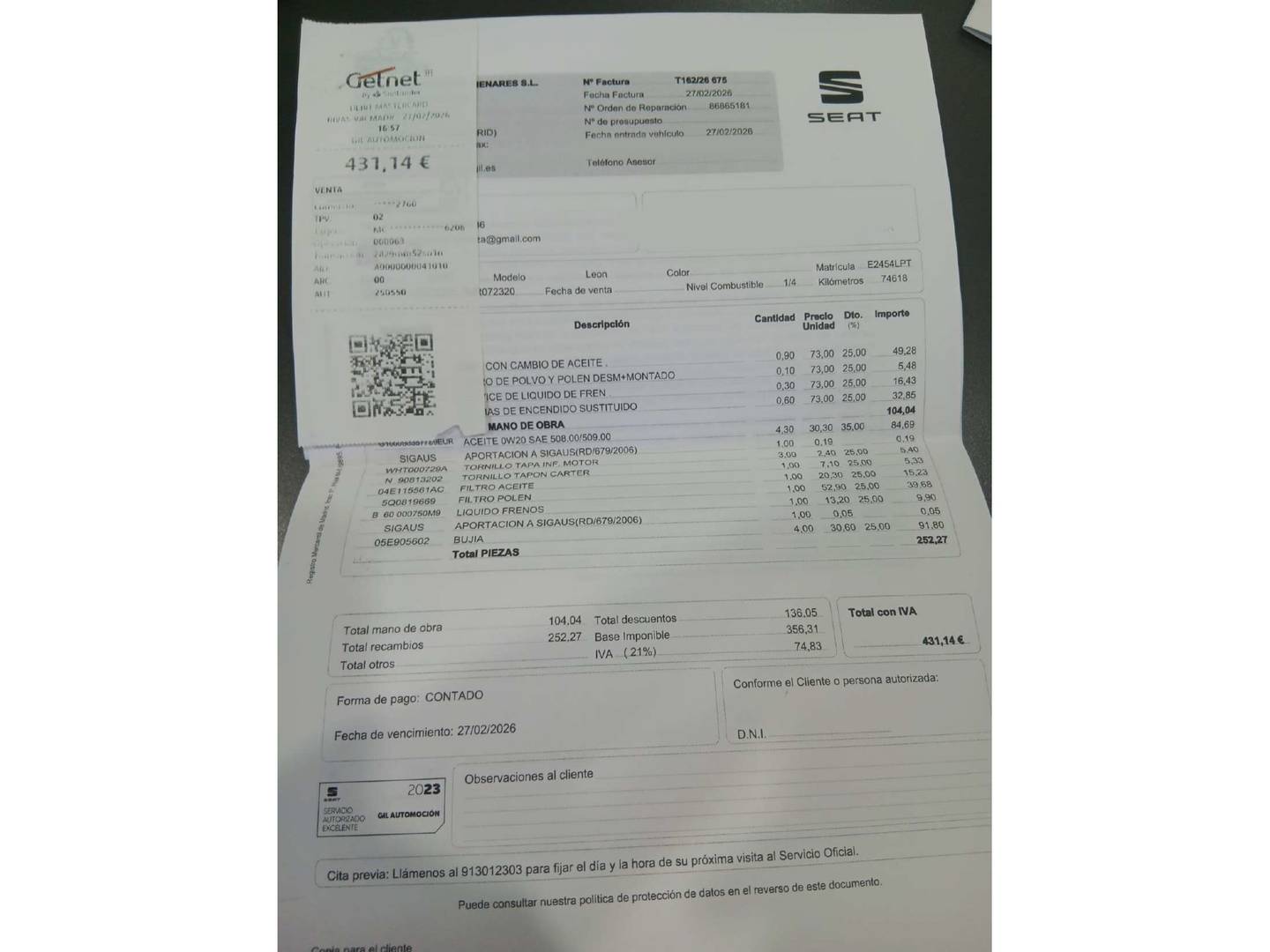 Foto del mantenimiento del Seat León Seat León ST 1.5 eTSI S&S FR Go XL DSG (150 CV)