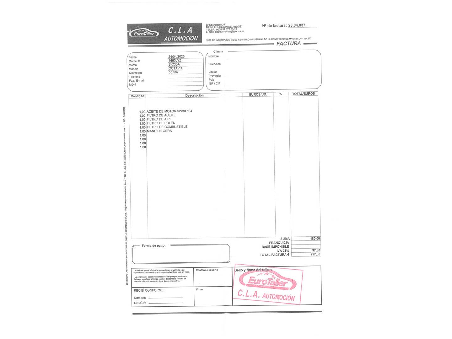 Foto del mantenimiento del Skoda Octavia Skoda Octavia 1.6 TDI CR Like (115 CV)