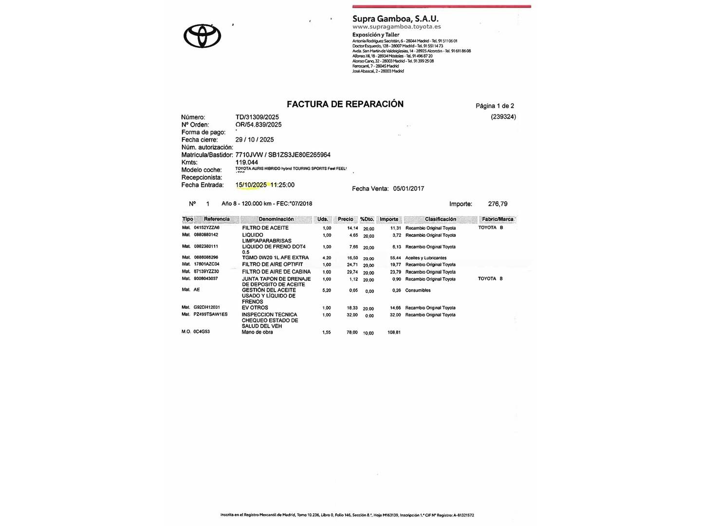 Foto del mantenimiento del Toyota Auris Toyota Auris 140H Hybrid Touring Sports Feel! (136 CV)