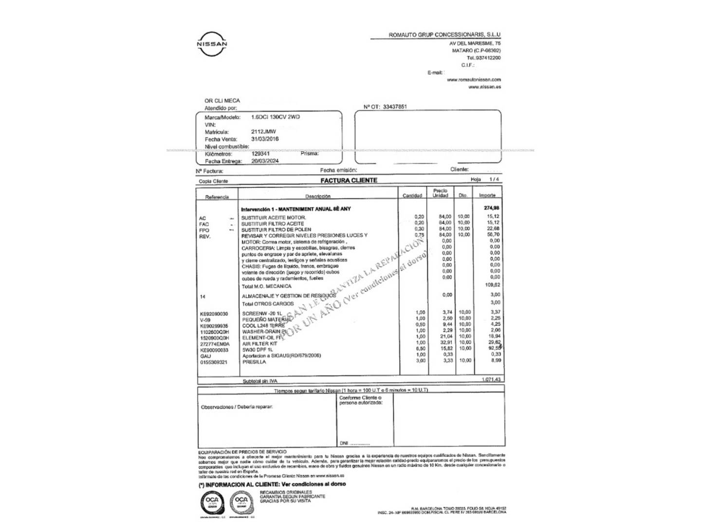 Foto del mantenimiento del Nissan QASHQAI Nissan Qashqai 1.6 dCi N-Connecta 4x2 (130 CV)