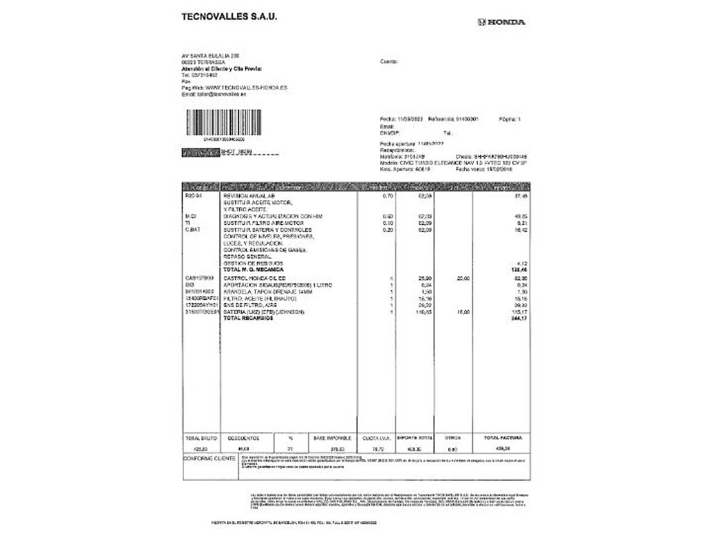 Foto del mantenimiento del Honda Civic Honda Civic 1.0 I-VTEC TURBO Elegance (129 CV)