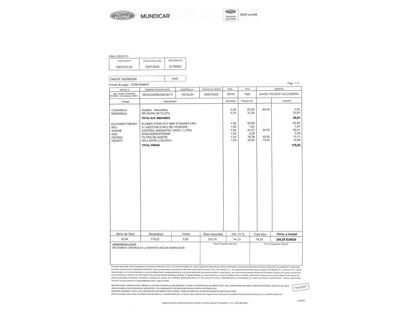 Foto del mantenimiento del Ford Puma Ford Puma 1.0 EcoBoost MHEV Titanium Design (125 CV)