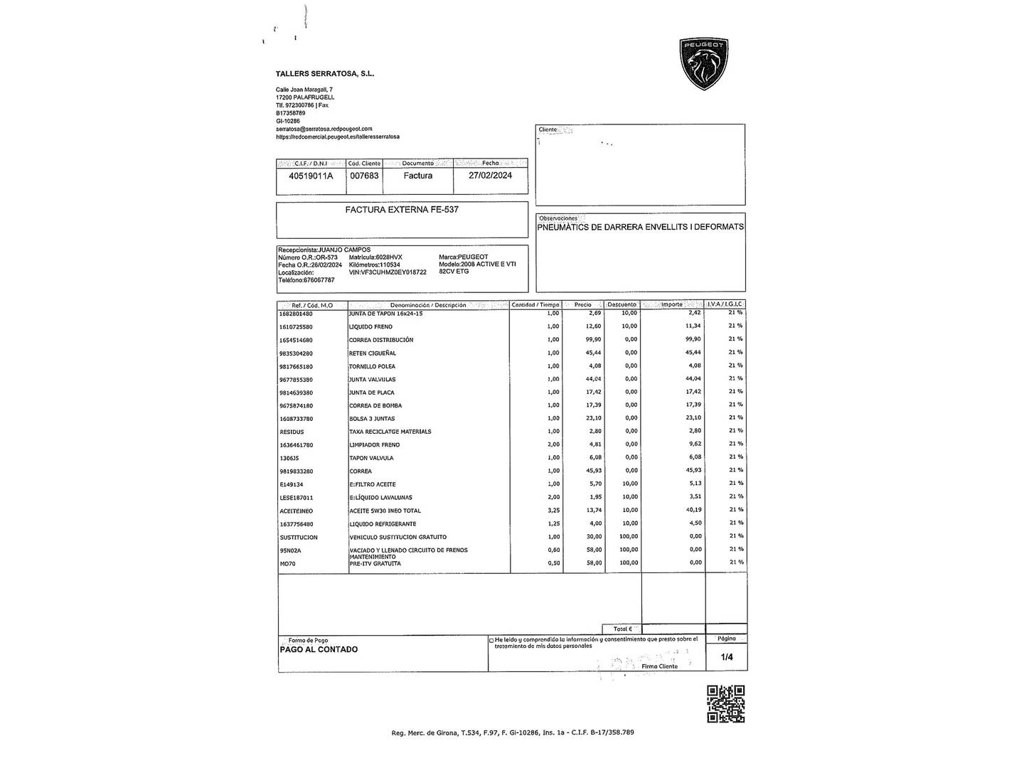 Foto del mantenimiento del Peugeot 2008 Peugeot 2008 VTI 82 Active ETG5 (82 CV)