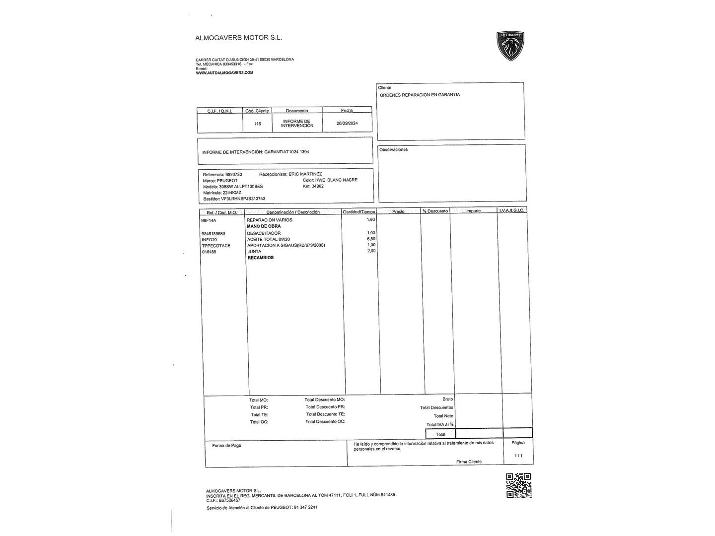 Foto del mantenimiento del Peugeot 308 Peugeot 308 SW 1.2 PureTech S&S Allure (130 CV)