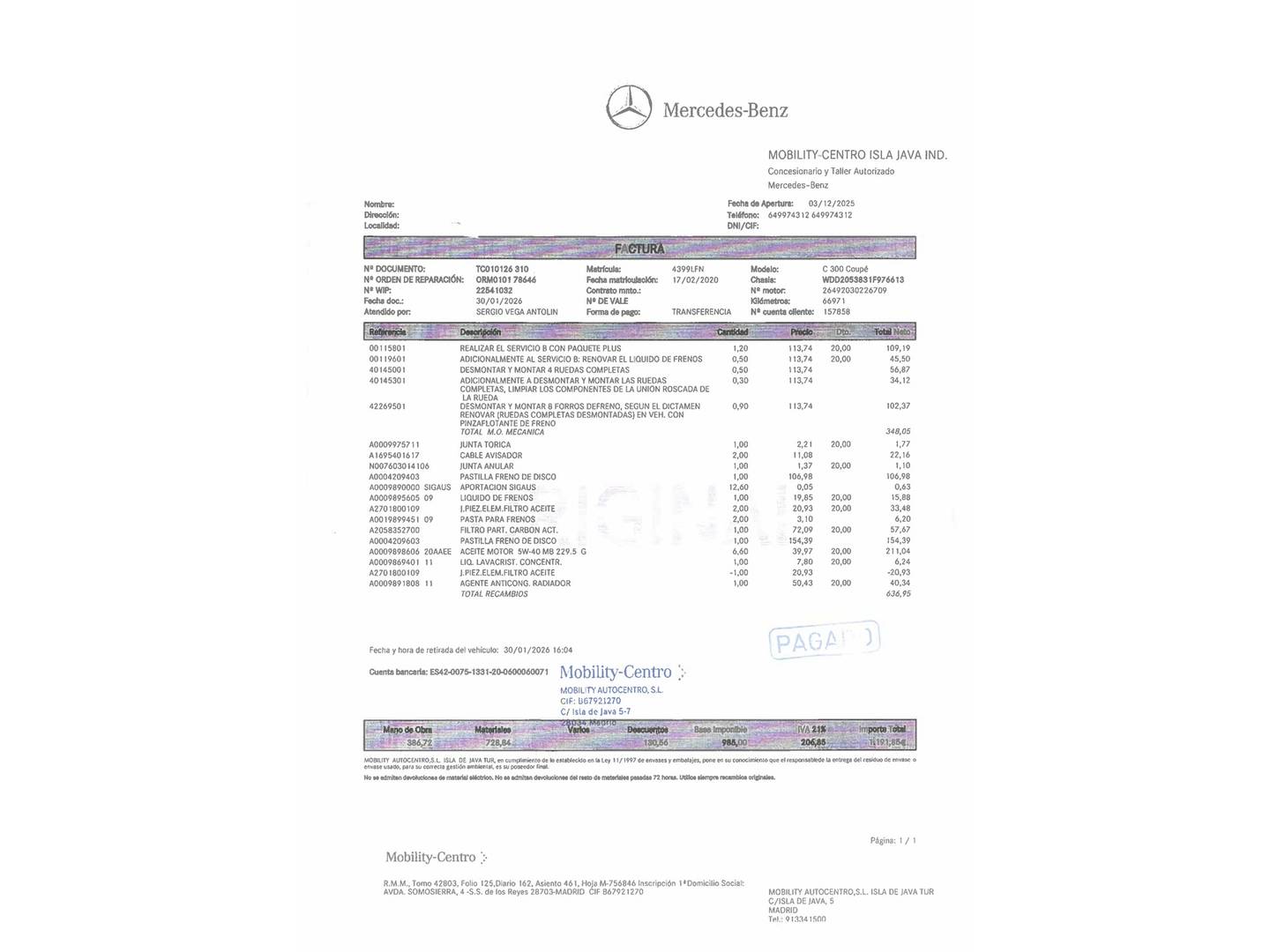 Foto del mantenimiento del Mercedes Clase C Mercedes Clase C Coupe 300 (258 CV) Pack AMG