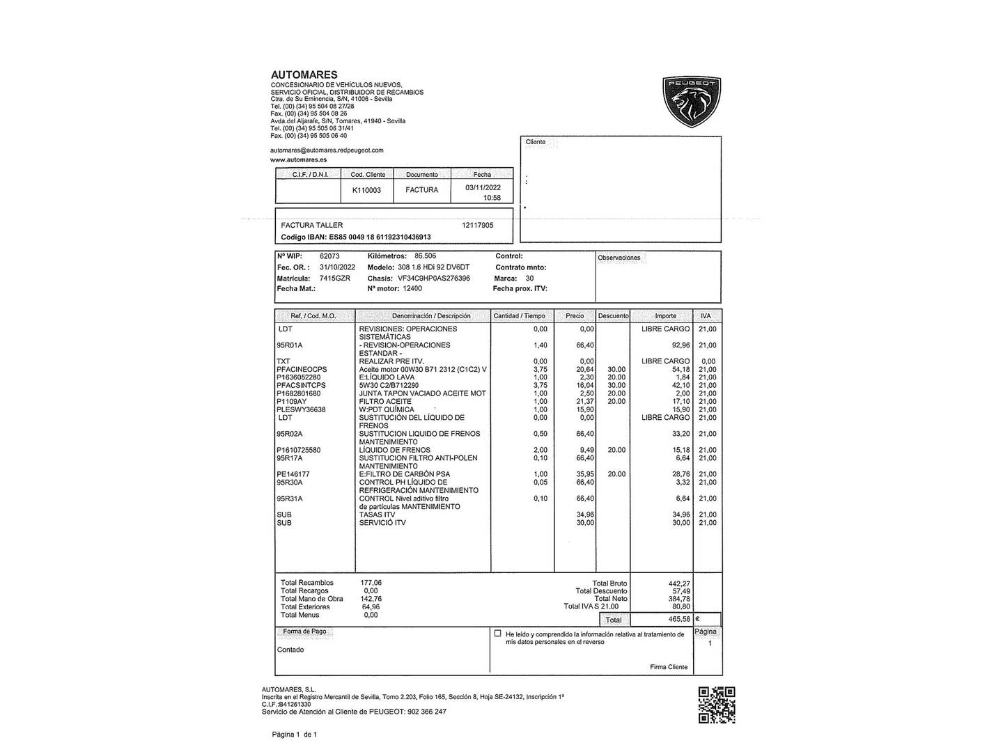 Foto del mantenimiento del Peugeot 308 Peugeot 308 1.6 HDI Envy (92 CV)