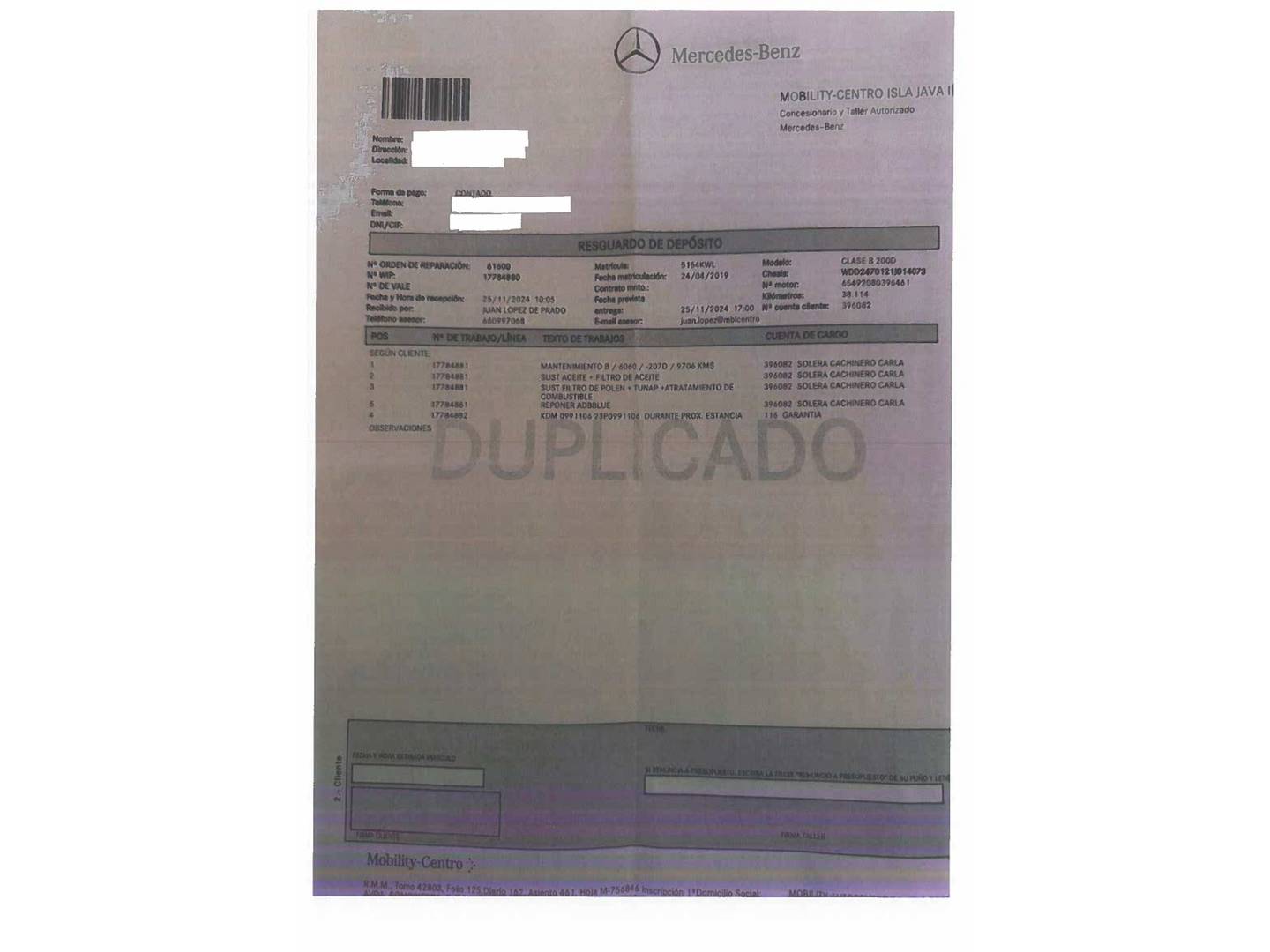 Foto del mantenimiento del Mercedes Clase B Mercedes Clase B 200 d (150 CV) Pack AMG
