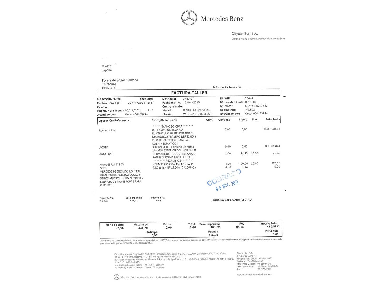 Foto del mantenimiento del Mercedes Clase B Mercedes Clase B B 180 CDI (109 CV)