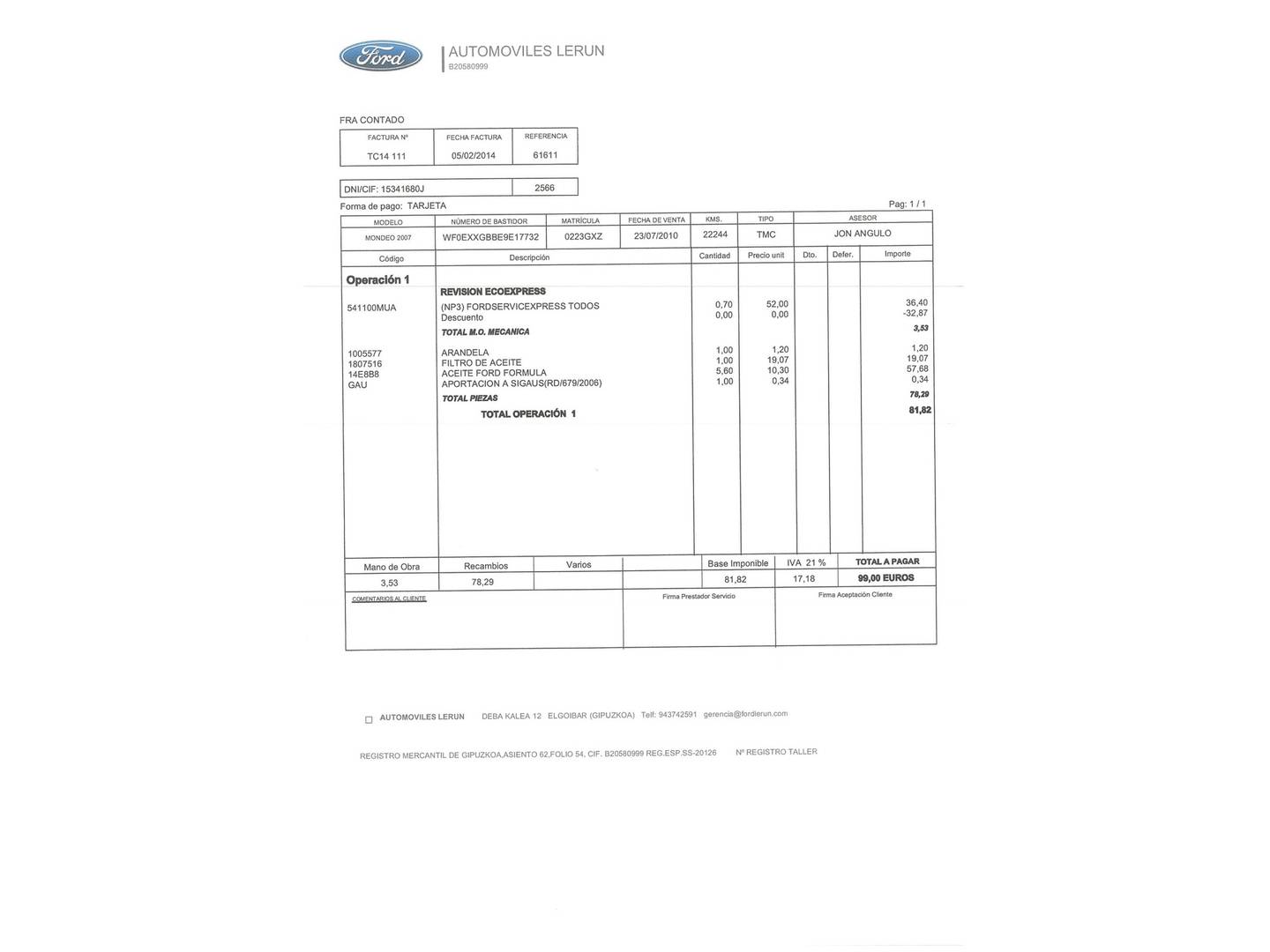 Foto del mantenimiento del Ford Mondeo Ford Mondeo Mondeo 1.8 TDCI Econetic (125 CV)