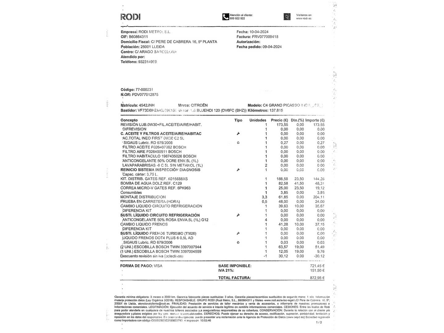 Foto del mantenimiento del Citroën C4 Picasso Citroën C4 Picasso BlueHDi 120 Feel (120 CV)