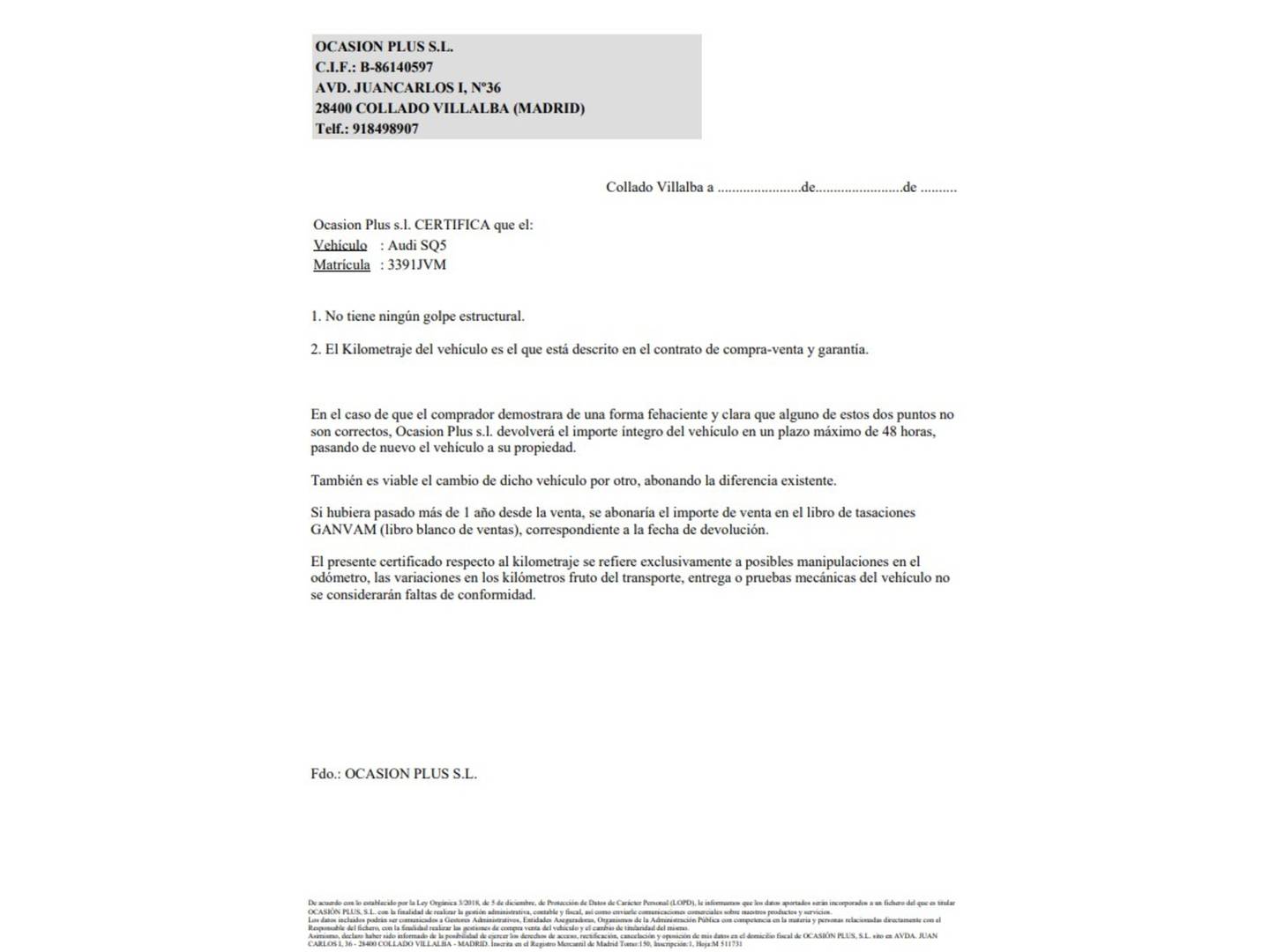 Foto del certificado del Audi SQ5 Audi SQ5 competition 3.0 TDI quattro (326 CV) Tiptronic