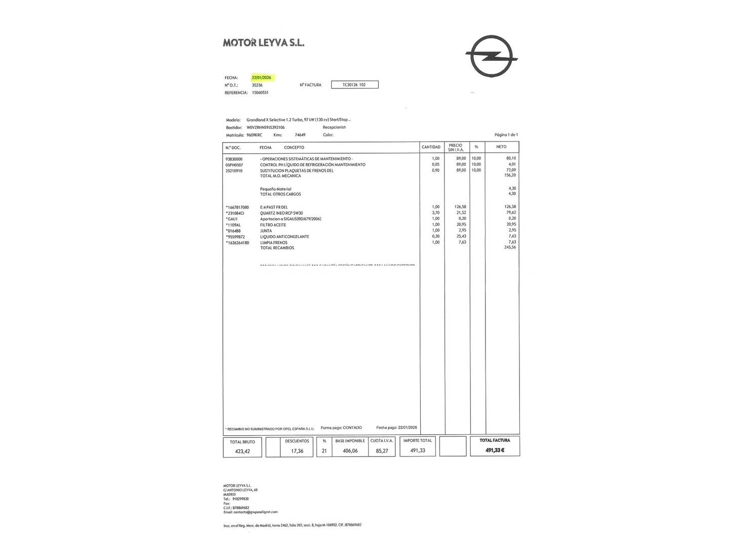 Foto del mantenimiento del Opel Grandland X Opel Grandland X 1.2 Turbo S&S Selective (130 CV)